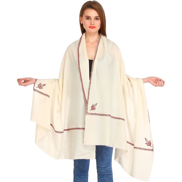 Plain Kashmiri Kingri Shawl With Sozni Han - Color Ivory